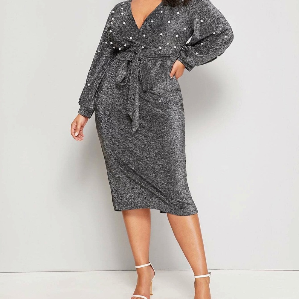 Plus Lantern Sleeve Pearls Beaded Belted Glitter Dress